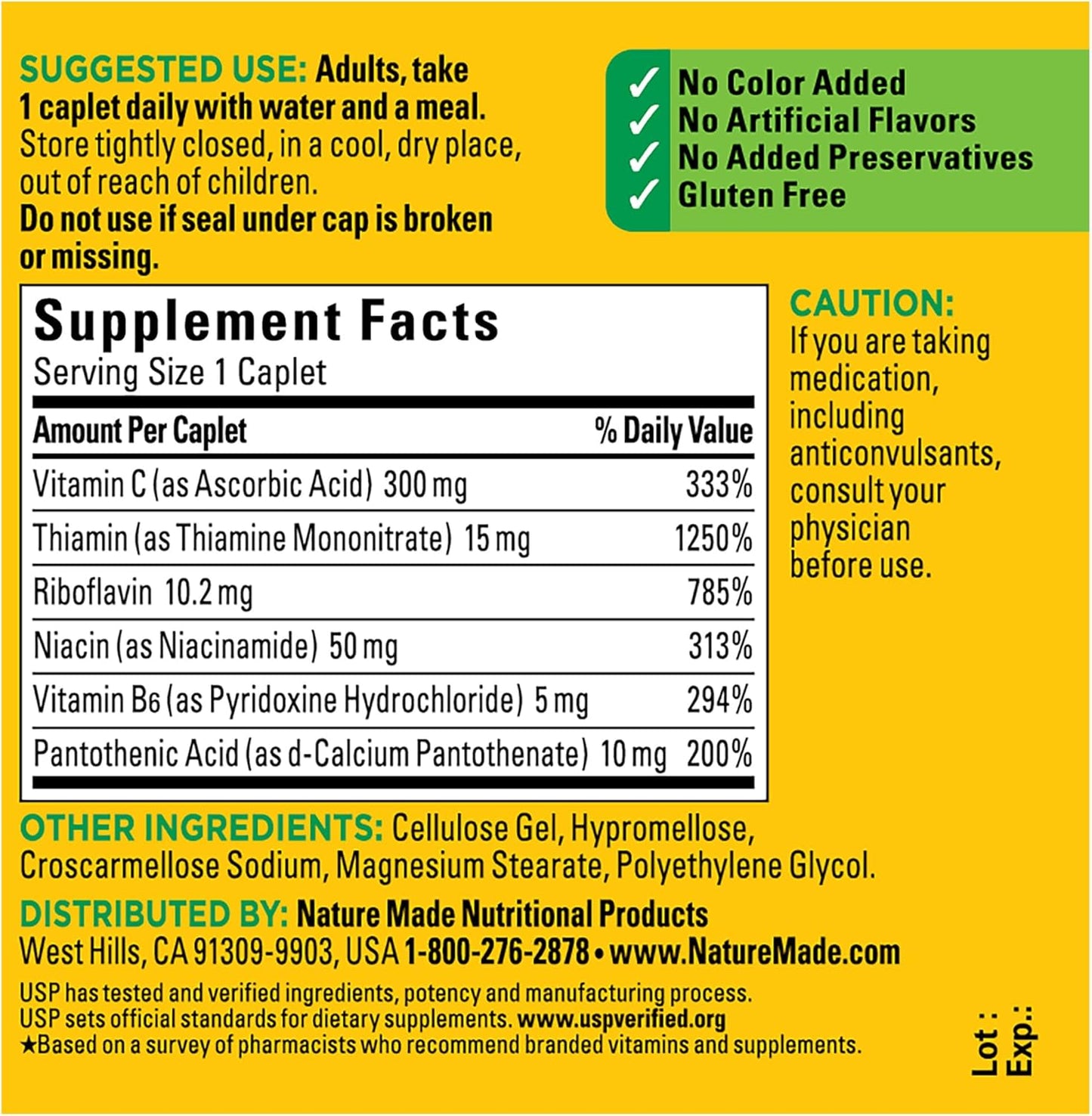 Nature Made B Complex With Vitamin C, Dietary Supplement for Immune System Support, 100 Caplets, 100 Day Supply