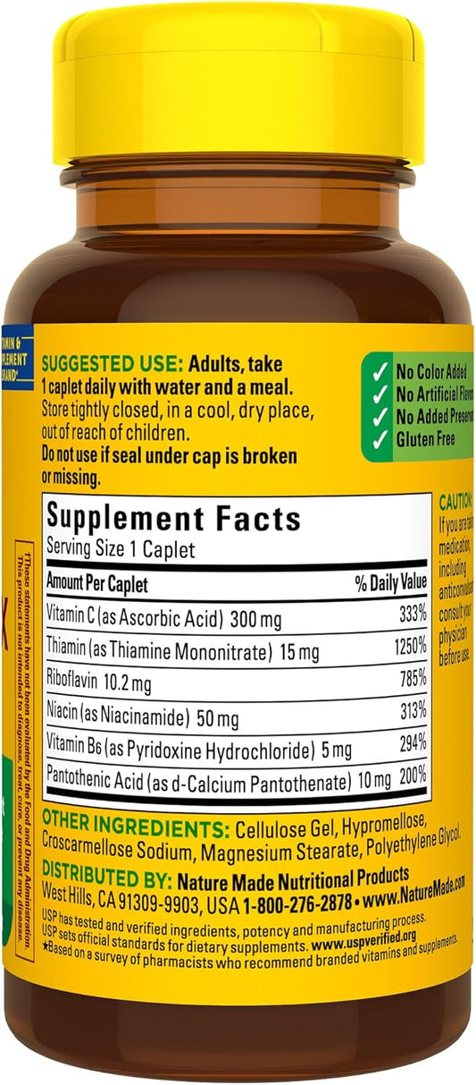 Nature Made B Complex With Vitamin C, Dietary Supplement for Immune System Support, 100 Caplets, 100 Day Supply