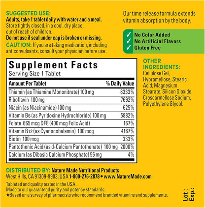 Nature Made Time Release Vitamin B-100 High Potency B Complex 60 Time Release Tablets, 60 Day Supply